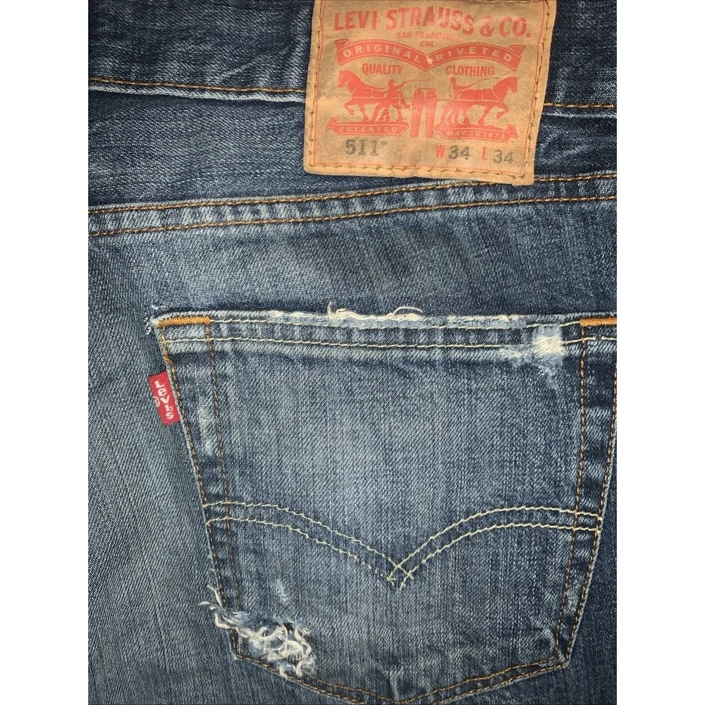 Levi's 511 Jeans Mens 34x34 Slim Fit Distressed Ripped‎ Whiskered Grunge Zip Fly